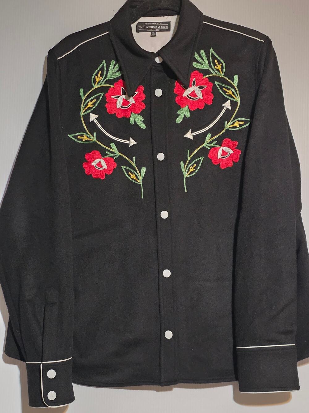 The J. Peterman Company 100% Wool Embroidered Western Jacket  XL Black Floral